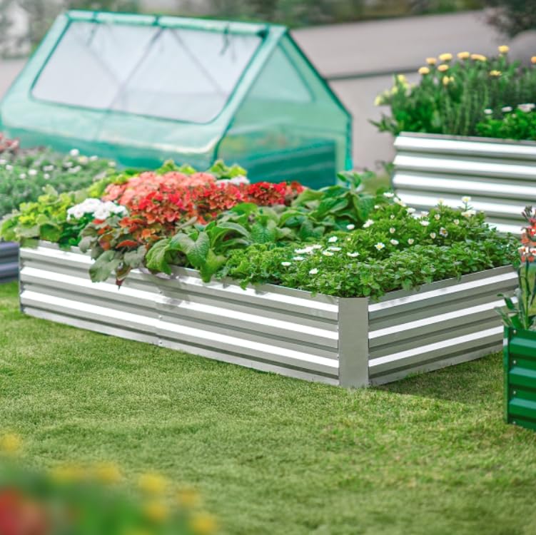 Quictent Raised Garden Bed Galvanized Raised Beds for Gardening Vegetables with Cover 8x4x1 ft Metal Planter Box Outdoor Use (Clear)