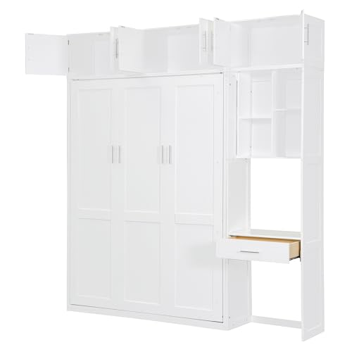 Polibi Full Size Wall Murphy Bed with Built-in Desk & Shelves - Multi-Functional Wall Bed for Small Apartments, 3 Storage Cabinets