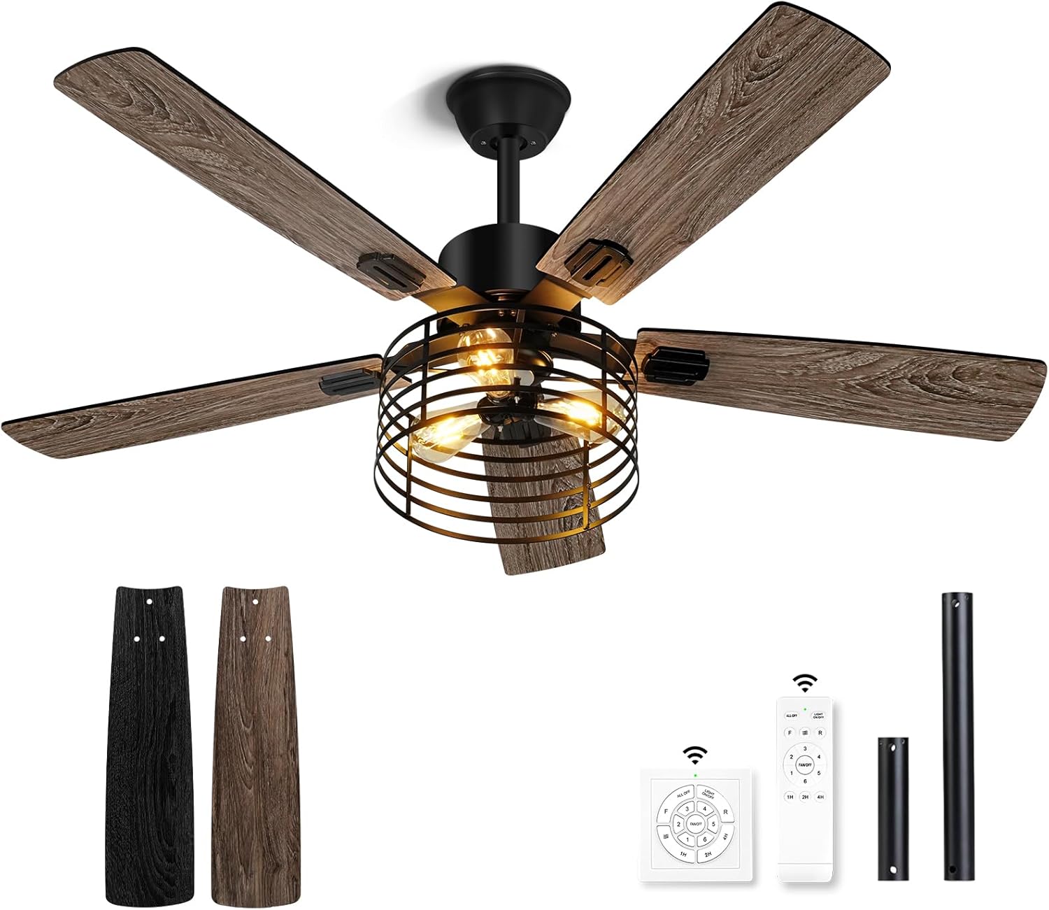 52 Inch Farmhouse Ceiling Fan with Light and Remote,3-Lights Rustic Ceiling Fan with Caged Ceiling Fan,5 Dual Finish Blades