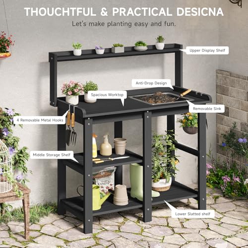 Potting Bench, Outdoor Potting Bench Table with Removable Sink, HDPS Potting Benches for Outside, Garden Table with Storage Shelves & 4 Side Hooks