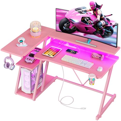 55 Inch Gaming Desk with Power Outlet & LED Lights, L Shaped Gamer Computer Table with Storage Shelves for Bedroom, Corner Home Office Desk
