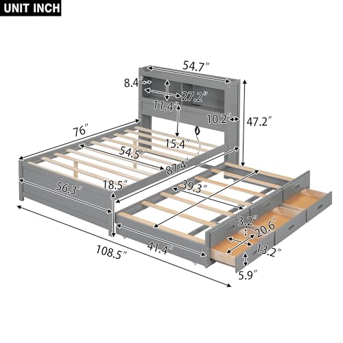 Full Size Storage Bed with Bookcase Headboard and Trundle, Wood Platform Bed Frame with Charging Station