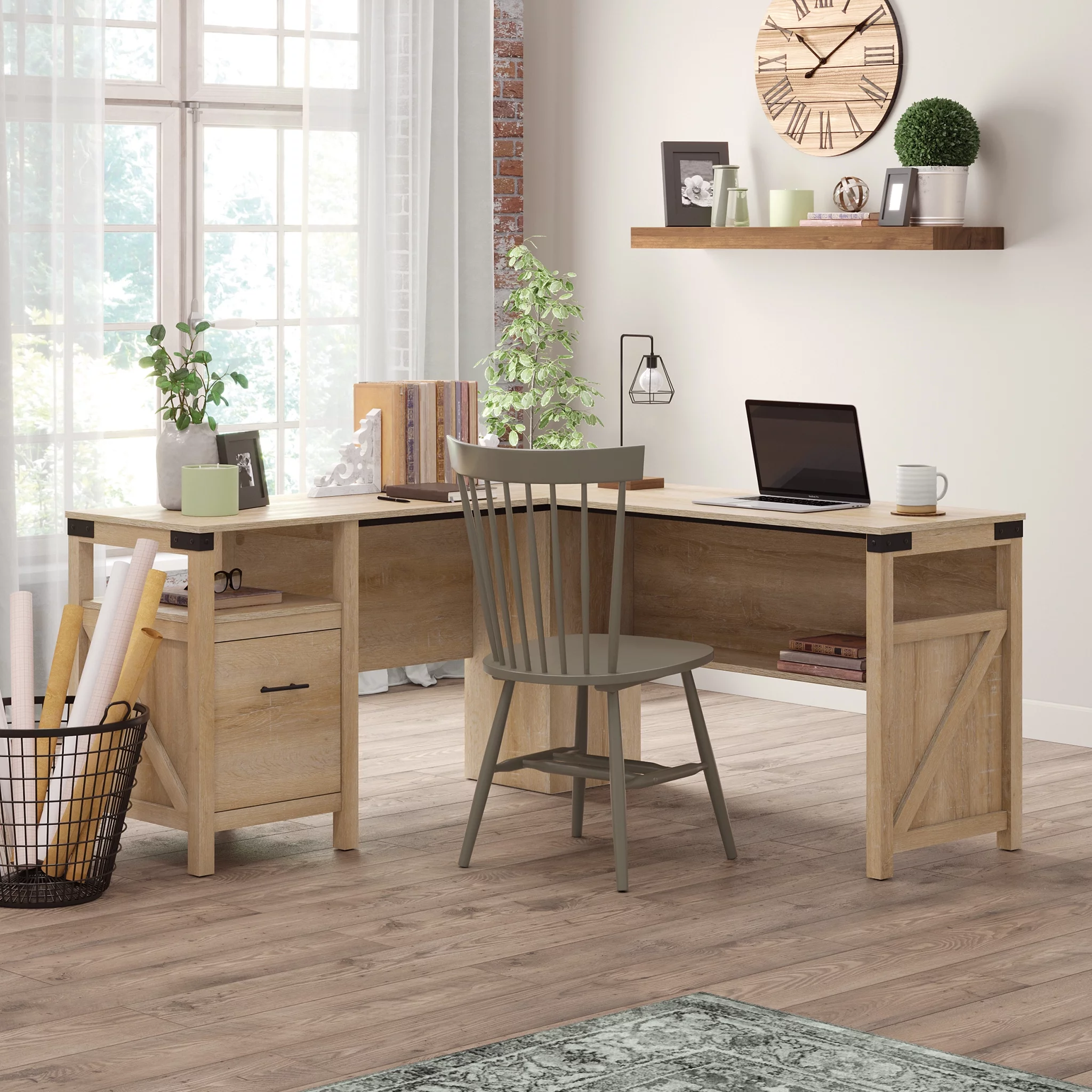 Sauder Saddler Way L-Shape Computer Desk with File Drawer, Orchard Oak Finish
