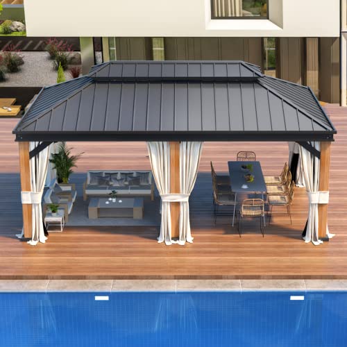 EROMMY 12'x20' Hardtop Gazebo Double Roof Galvanized Steel Canopy Outdoor Aluminum Frame Permanent Metal Pavilion with Netting and Curtains for Patio