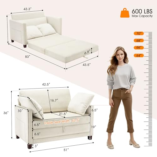 51" Loveseat Sleeper Sofa Bed, Chenille Convertible Floor Sofa Bed for Small Spaces, Folding Couch Bed with Deep Seat, 2 Pillows & Solid Frame