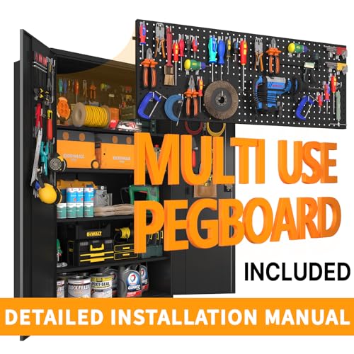 Upgraded Tall & Wide Metal Storage Cabinet with Doors & 4 Adjustable Shelves | Heavy-Duty Black Lockable Garage Cabinet with Wheels & Pegboard for