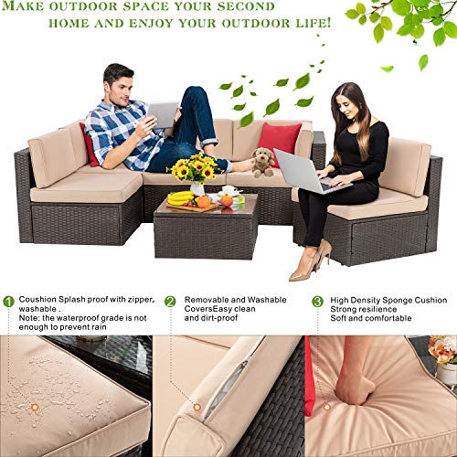 Vongrasig 6 Pieces Outdoor Patio Furniture Set, PE Wicker Rattan Sectional Sofa Patio Conversation Sets with Coffee Table for Garden, Backyard