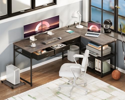 AODK 53 Inch L Shaped Computer Desk with Drawers, Corner Desk with Power Outlets & Reversible Storage Shelves