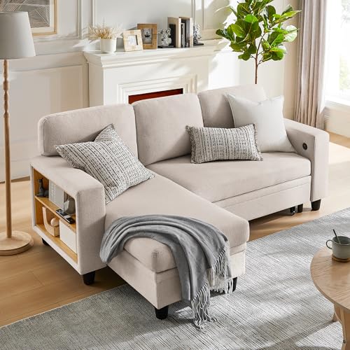 RedLemon 80” Sleeper Sofa Bed,L-Shaped Convertible Sectional Couch with Storage Chaise,2 Built-in Bookshelves and USB Charging Port