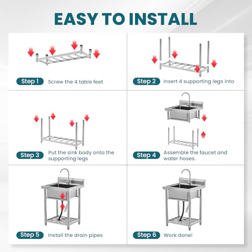 Utility Sink Stainless Steel Free Standing Single Bowl Laundry Outdoor Commercial Kitchen Sink with Cold Hot Pipe for Bar, Garage, Restaurant