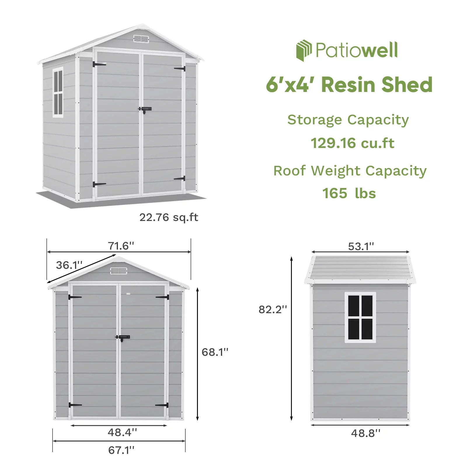 Patiowell 6x4 Resin Outdoor Storage Shed-Perfect to Store Patio Furniture, GardenTools Bike Accessories, Beach Chairs and Lawn Mower, Grey & White