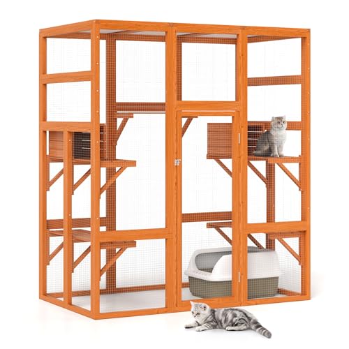 71Inches Large Wood Catio Outdoor Cat Enclosure with Perches and Condos, Cat House Indoor with Waterproof Roof