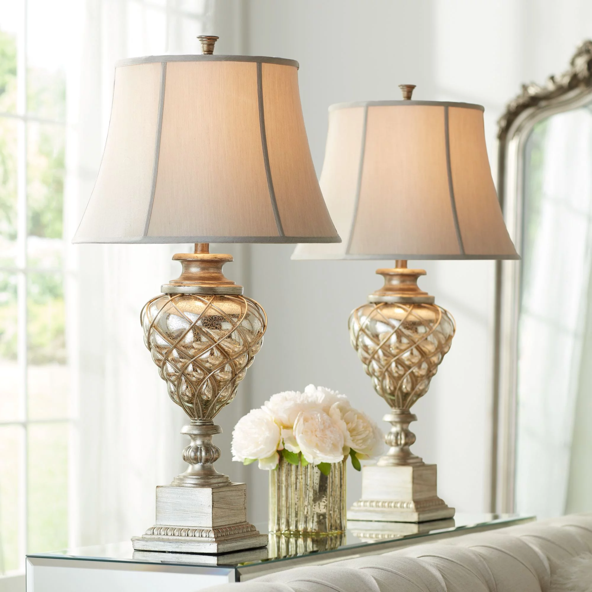 Barnes and Ivy Luke 33 3/4" Tall Large Traditional End Table Lamps Set of 2 LED Night Light Gold Silver Finish Mercury Glass