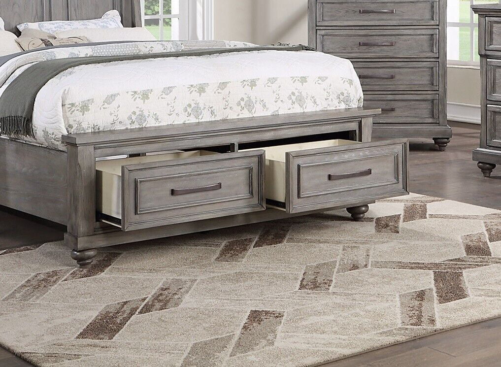Grey Finish Wooden Queen Size Bed 2x Nightstands 3pc Set Bedroom Furniture Sleigh 3-Panel Design Headboard Storage Footboard