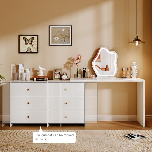 Large Makeup Vanity Desk with Mirror and Lights, Vanity Desk with 8 Drawers & Storage Shelves, Vanity Table with Power Outlet