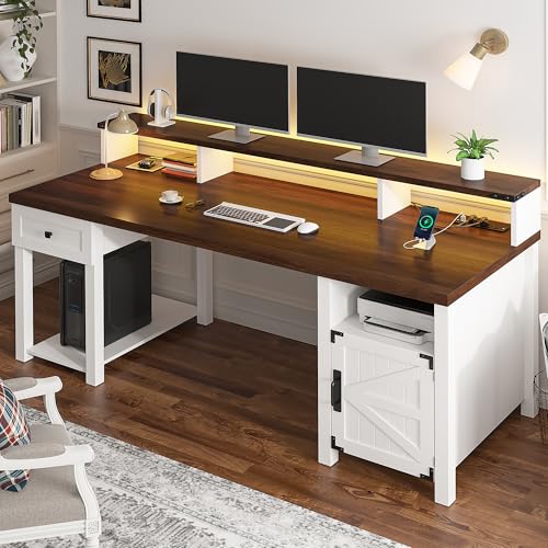 EnHomee Farmhouse Office Desk with Drawer & Power Outlets, Wood Computer Desk Monitor Stand for Bedchamber Study