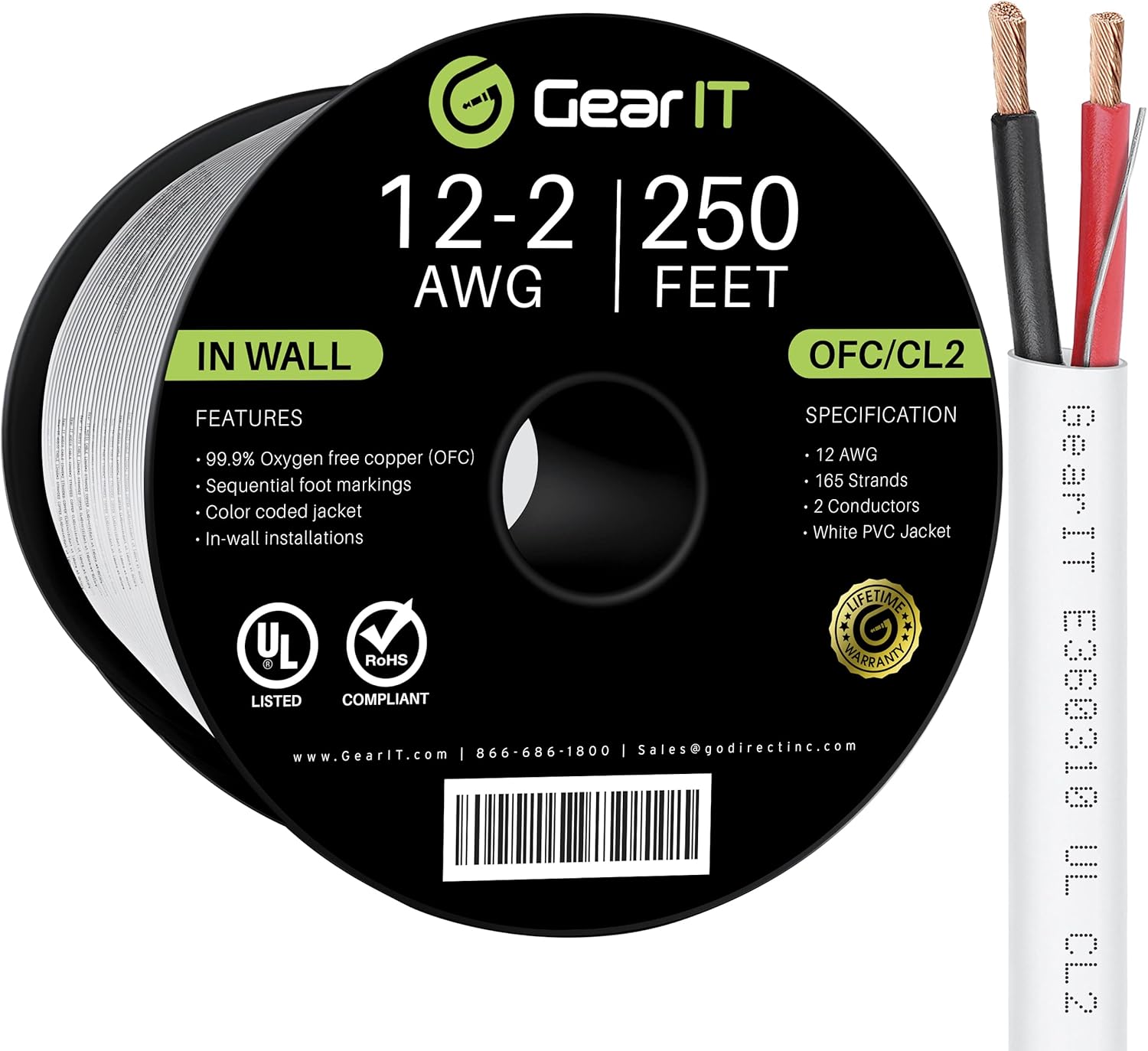 GearIT 12/2 Speaker Wire (100 Feet) 12AWG Gauge - in Wall Audio Speaker Wire Cable / CL2 Rated / 2 Conductors - OFC Oxygen-Free Copper, White 100ft