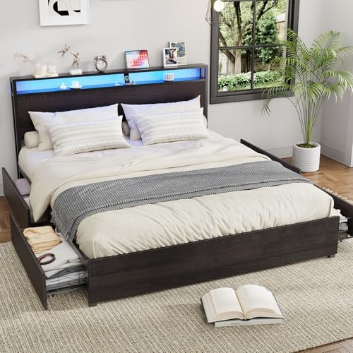 Full Size Bed Frame with Headboard, LED Platform Bed with 4 Storage Drawers, Built in Charging Station, Noise-Free, Metal Support Base