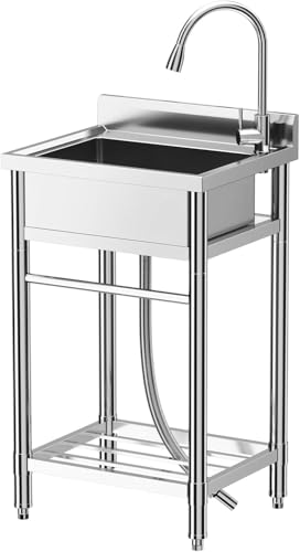 28"x20"x34" Stainless Steel Utility Sink, Freestanding Single Bowl with Hot & Cold Water Faucet