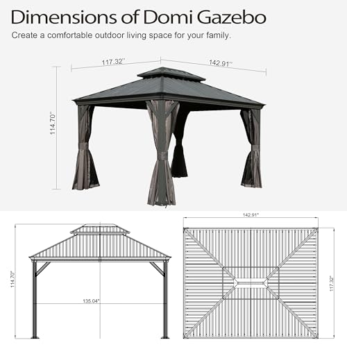 Domi 10’ x 10’ Hardtop Gazebo Metal Frame Canopy with Netting & Curtains