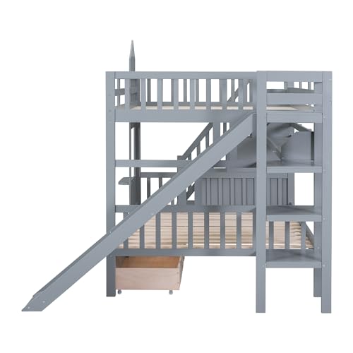 SOFTSEA Twin Over Twin Bunk Bed with Slide and Storage Solid Wood Bunk Bed Frame with Staircase and Drawers, Pink