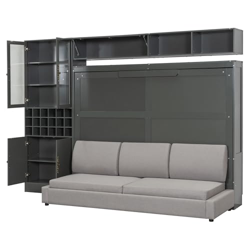 MERITLINE Queen Murphy Bed with Couch and Storage Shelves,Charging Station& LED Light