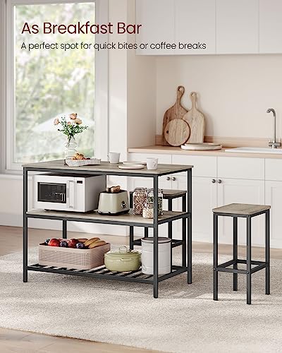 VASAGLE Kitchen Island with 3 Shelves, 47.2 Inches Width Kitchen Shelf with Large Worktop, Stable Steel Structure, Industrial, Easy to Assemble