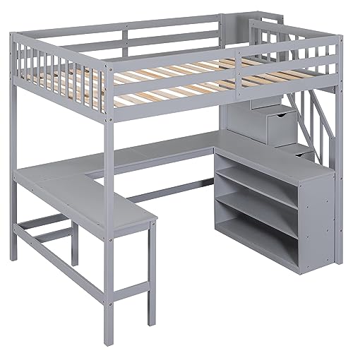Full Size Loft Bed with Desk & Wardrobe, Solid Wood Kids Loft Bedframe w/3 Storage Drawers & 2 Shelves, Maximum Space Design, for Bedroom, Dorm, Gray