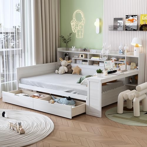 Bellemave Twin Corner Bed Frame with Storage Shelves and Desk, Wood Twin Size Daybed with Bookcase and Drawers and Storage, Gray
