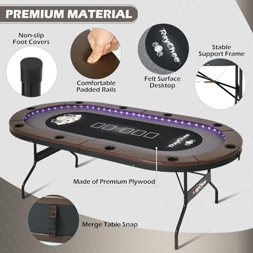 LED Poker Table, 10 Player Foldable Texas Holdem Table w/Inlaid LED Light, 2 USB & 2 Type-c Ports