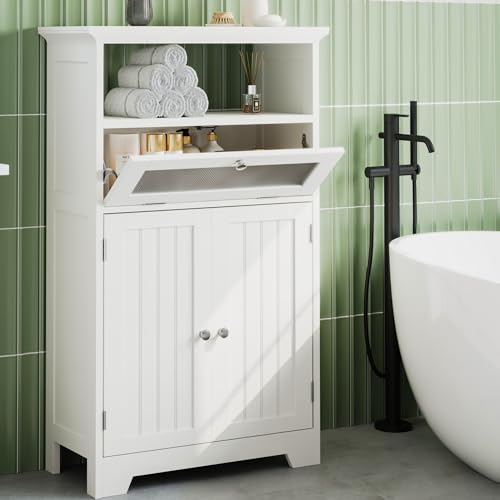 ChooChoo Bathroom Floor Storage Cabinet with Flip Glass Drawer, Freestanding with 2 Doors, Adjustable Shelf & 1 Open Storage for Living Room, Hallway