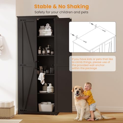 72" Tall Farmhouse Kitchen Pantry Cabinet, Large Storage Cabinet with 6 Adjustable Shelves, 4 Barn Doors & Drawer for Bathroom, Dining Room, Brown
