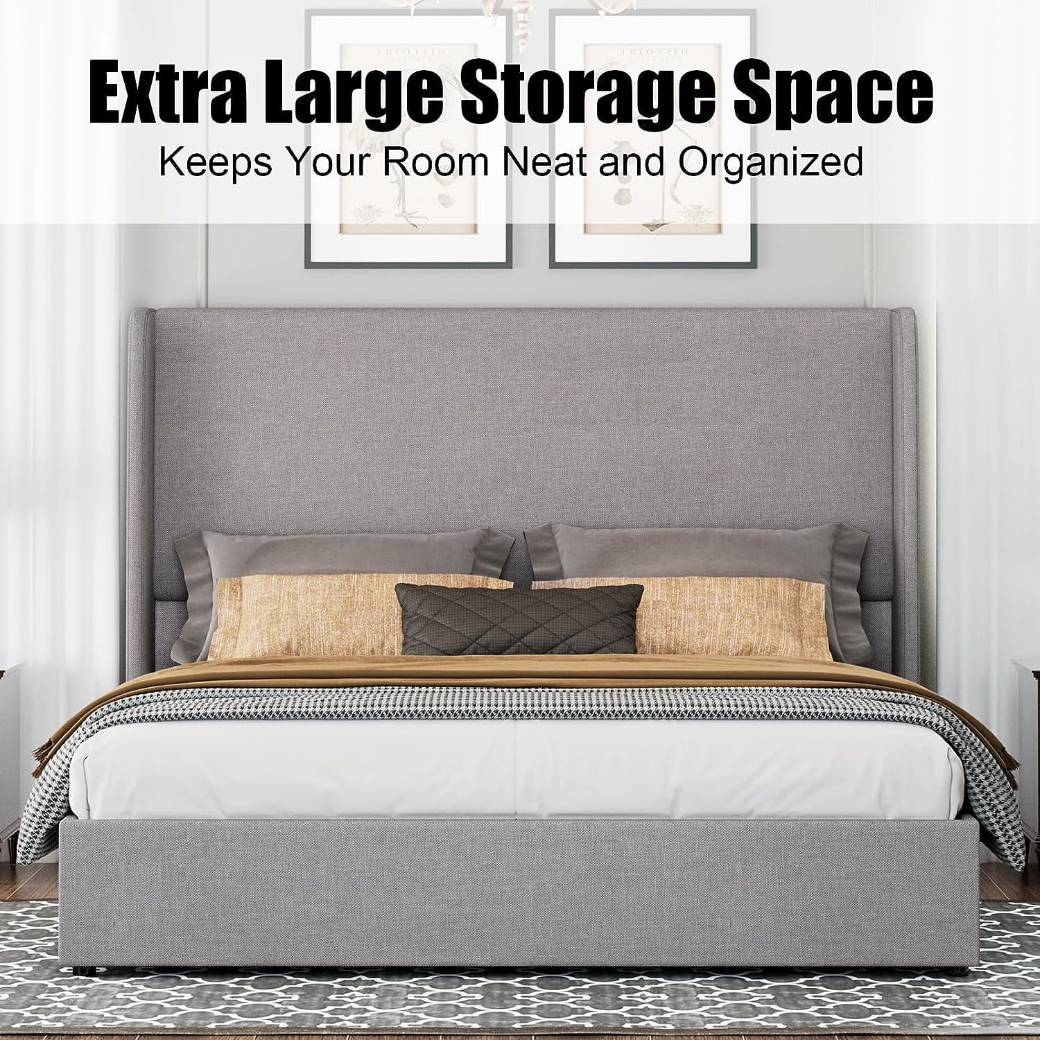 Jocisland Lift Up Storage Bed King Size Linen Upholstered Platform Bed Frame/Hydraulic Storage/Modern Wingback Headboard/No Box Spring Needed/Wood