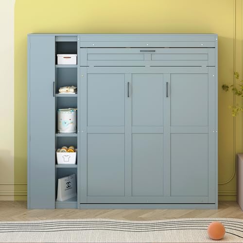 Queen Size Murphy Bed Wall Bed with Desk and Closet,Drawers and Shelves,for Small Spaces Studio Study Office Guest Room Use (Gray#Desk, Queen)