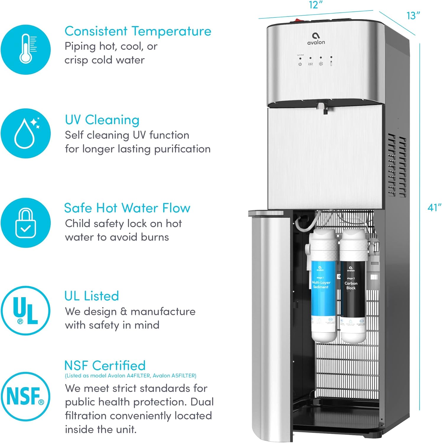 Avalon Self Cleaning Bottleless Water Cooler Water Dispenser Corporate Package - 3 Temperature Settings - Durable Stainless Steel Cabinet