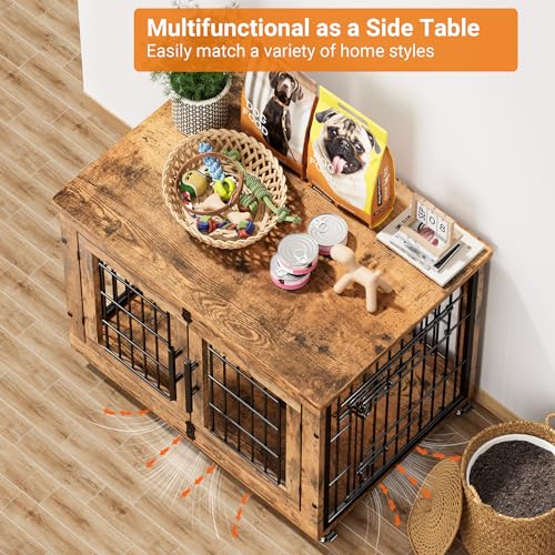 Lulive Dog Crate Furniture for Medium Dogs, 32'' Dog Kennel Indoor with Cushion & Wheels Wooden Dog Cage Double Doors Dog Crate End Table, Grey