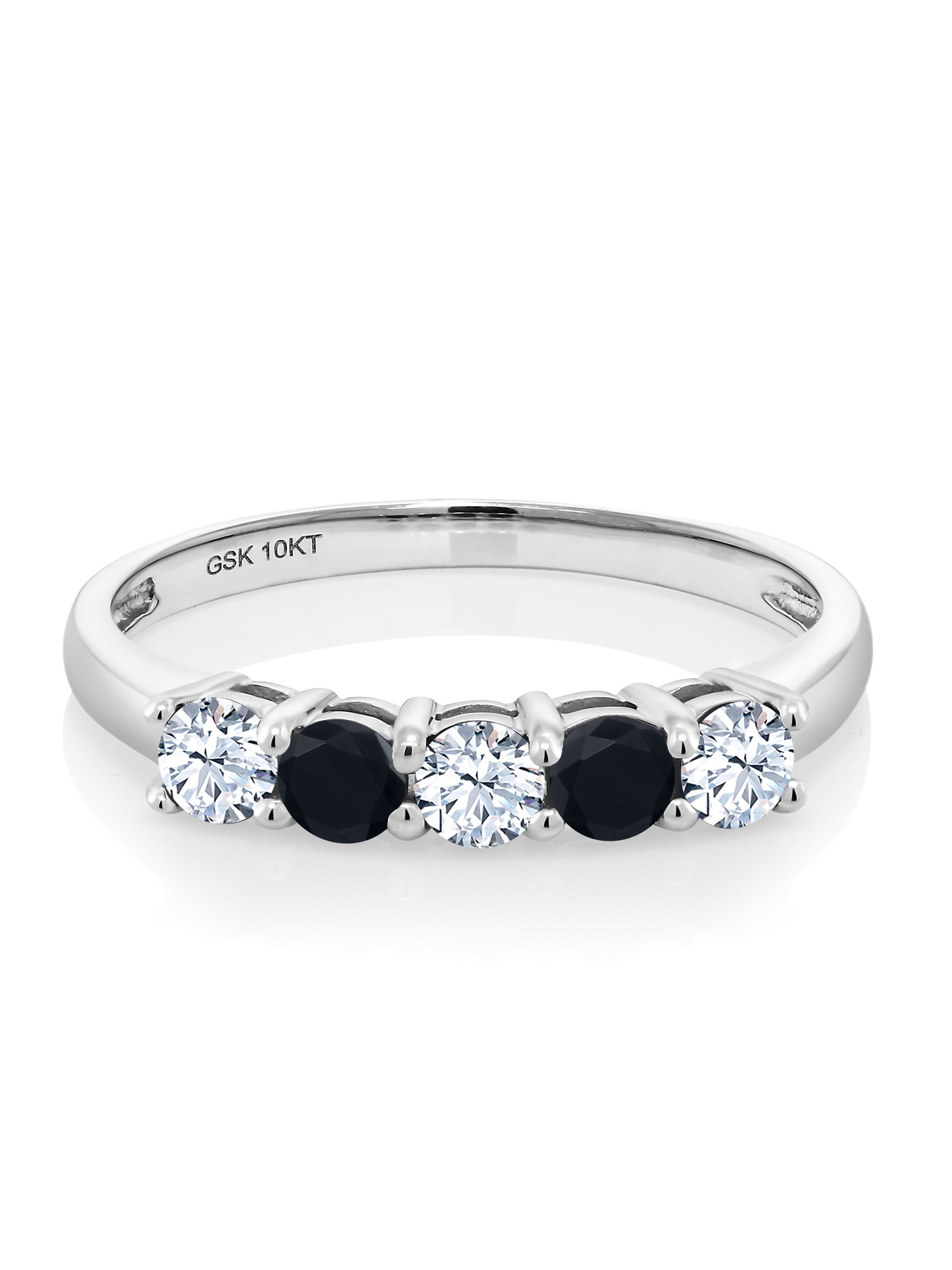 10K White Gold White Created Sapphire and Black Onyx 5 Stone Wedding Engagement Promise Ring For Women (0.59 Cttw, Round 3MM