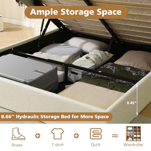 VELOCAVA Queen Size Lift-Up Storage Bed, Upholstered Boucle Bed with Curved Headboard, Rounded Corners, Sturdy Wooden Slat Support