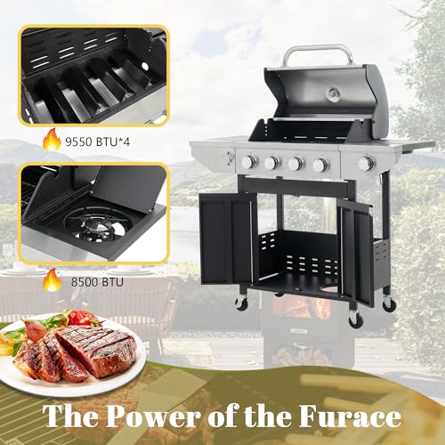 4-Burners Propane Gas Grill with Side Burner, Outdoor Stainless Steel BBQ Grill Built-in Thermometer