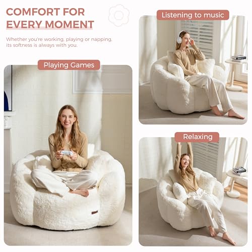 MAXYOYO Bean Bag Chair for Adults, Floral Shaped Bean Bag Sofa, Ultra Soft Faux Fur Floor Sofa, Large Reading Chair for Living Room Bedroom, Beige