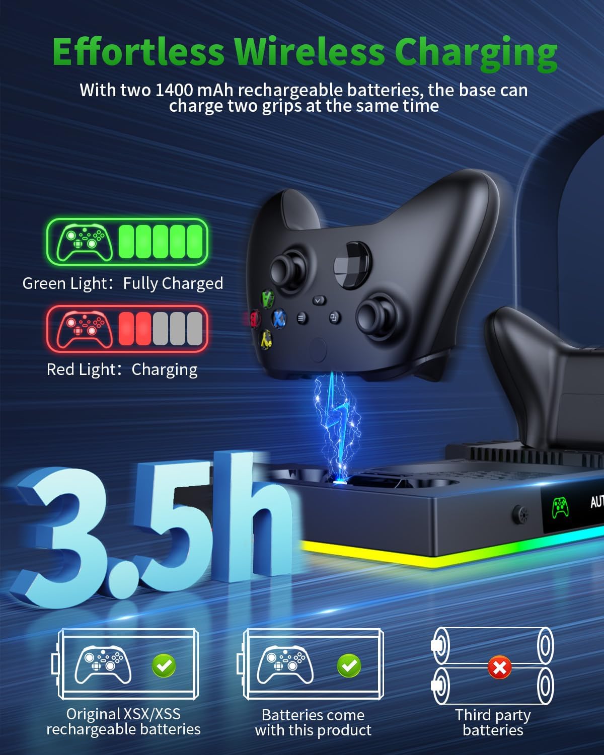 Charging Stand with AI Smart Cooling Fan Accessories for Xbox Series X with High Power, Wireless Dual Charger Dock for Xbox X Controller