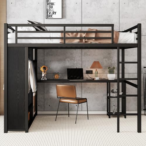 Metal Loft Bed with Wardrobe and L-Shaped Desk, Full Size Loft Bed with Storage Cubes and Shelves, Heavy Duty Loft Bed for Kids Teens, White