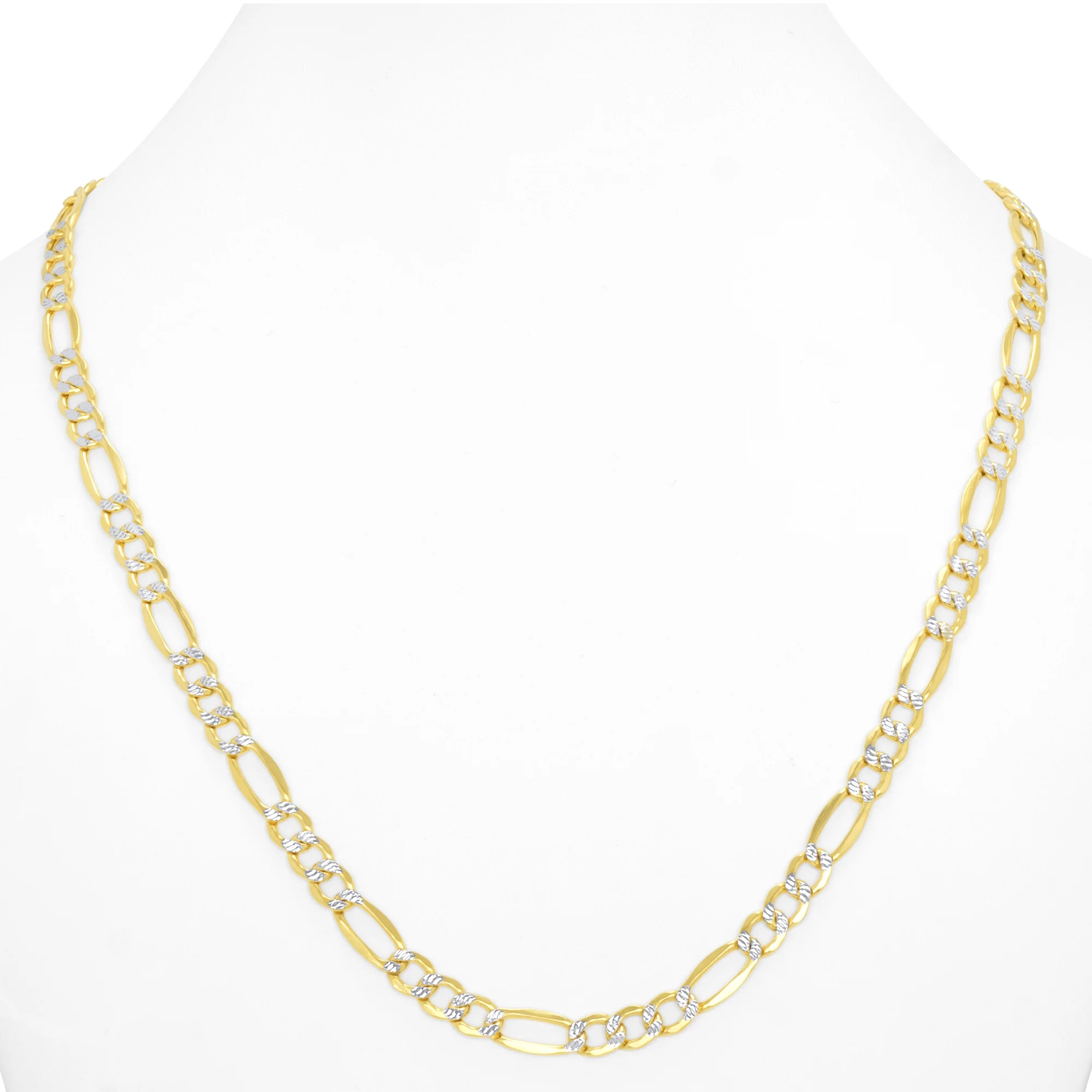 Nuragold 14k Yellow Gold Solid 7.5mm Figaro Chain Link Diamond Cut Pave Two Tone Necklace, Mens Jewelry 20" - 30"