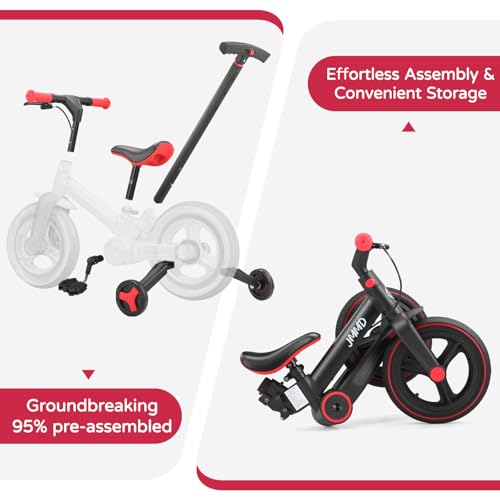 JMMD Toddler Bike with Push Handle for Kids 18-60 Months, 6 in 1 Foldable Push Bike with Training Wheels, Pedals, Brakes, Kickstand