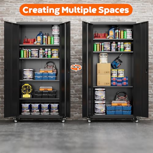 Metal Storage Cabinet with Wheels, 73" H Rolling Garage Cabinets with Locking Doors and Adjustable Shelves for Home Office, Basement, Pantry, Workshop
