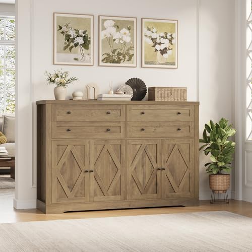 HOSTACK 55" Coffee Bar with 4 Large Drawers, 40" Tall Buffet Cabinet with Storage, Kitchen Storage Cabinet, Modern Farmhouse Sideboard Buffet