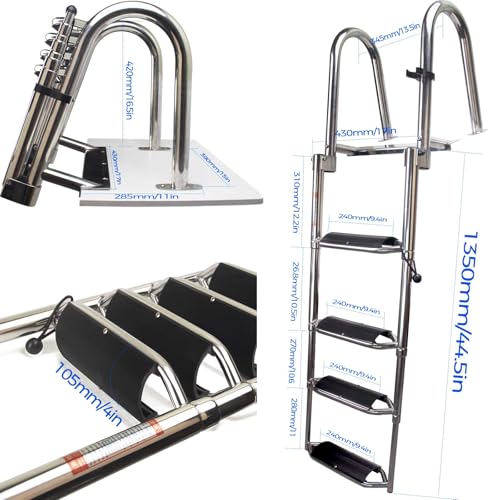 4-Step Heavy-Duty Stainless Steel Pontoon Boat Ladder with Extra Wide Steps & Handrails | Telescoping Folding Rear Entry Ladder, 600lbs Capacity