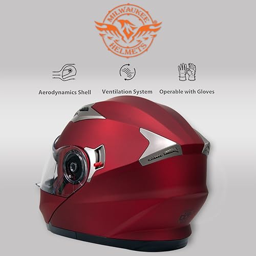 Milwaukee Helmets MPH9826DOT Ionized Flat Red Advanced Motorcycle Modular Helmet w/Drop Down Visor - Small