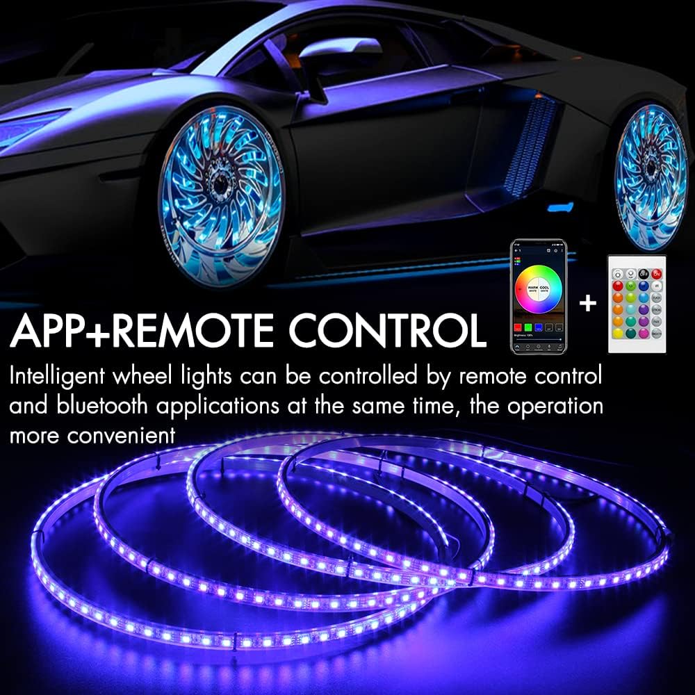 4Pcs 15.5inch LED Wheel Light RGB Chase Rim Lights w/Turn Signal and Braking Function Controlled by Remote and APP, IP 67 Waterproof