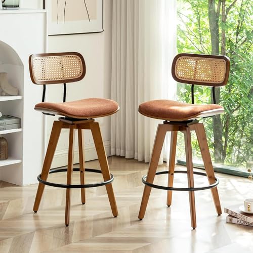 26" Rattan Bar Stools Set of 2, Linen Fabric Counter Height Swivel Barstools with Rattan Backrest and Wooden Legs